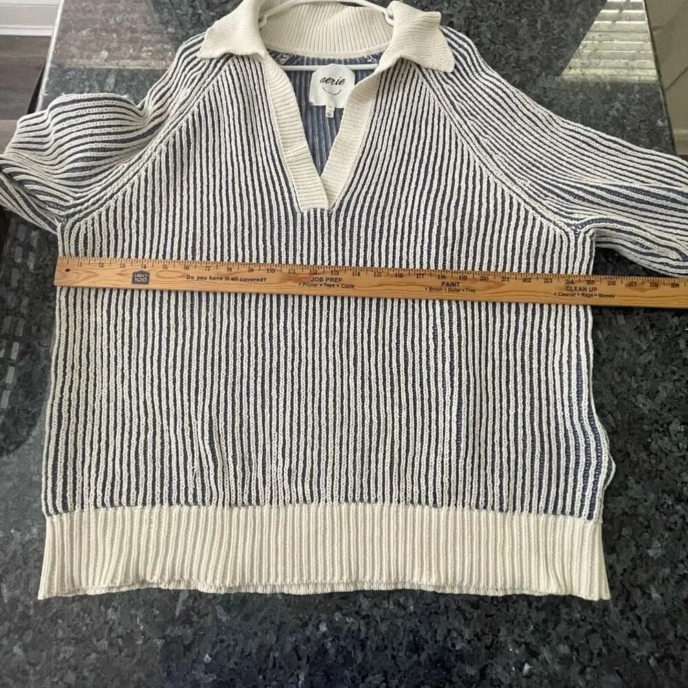 Aerie Striped Knit Collared Sweater Size Large Blue Cream Pullover - Picture 6 of 8